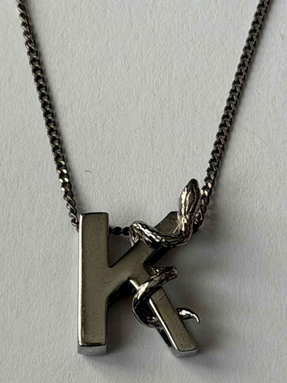 Saint Laurent YSL Sterling Silver K Initial Letter Snake Pendant Chain Necklace